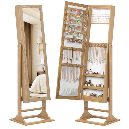 Freestanding Lockable Jewelry Armoire with Full-Length Mirror and 6 LED Lights-Natural - Color: Nat D681-JV11105NA
