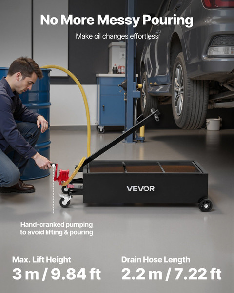 Low Profile Oil Drain Pan, 25 Gallon Capacity, Rolling Oil Drain Pan with Manual Pump, 7.2 ft Hose  E415-SDWSPYCJS25GYTTAY001V0