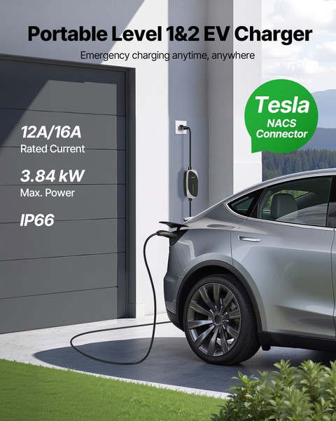 Level 1/2 Tesla Charger, 16 Amp, Portable Electric Car EV Charger with 25 ft Charging Cable, 120V-2 E415-MGBXCDQPM16AIZ4ZS001V5