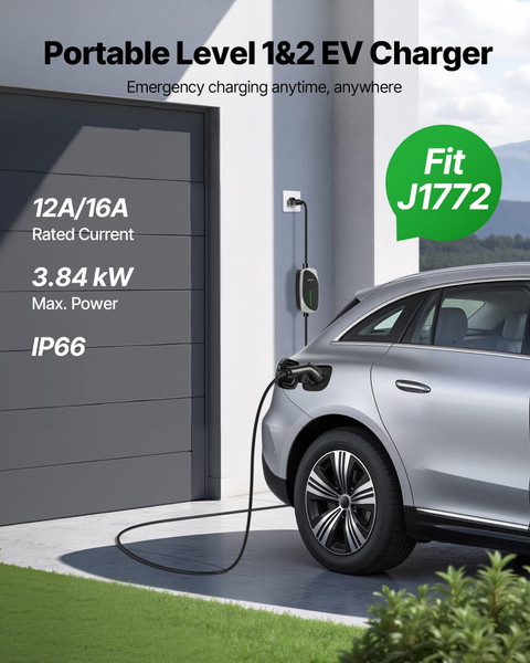 Level 1&2 EV Charger, 16 Amp, Electric Vehicle Portable Charger with 25 ft Charging Cable, 120V-240 E415-MGBXCDQZSD16QQZLL001V5