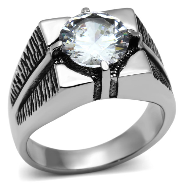 TK701 - High polished (no plating) Stainless Steel Ring with AAA Grade CZ  in Clear A874-TK701