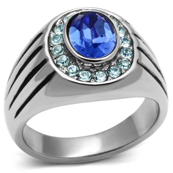 TK601 - High polished (no plating) Stainless Steel Ring with Top Grade Crystal  in Sapphire A874-TK601