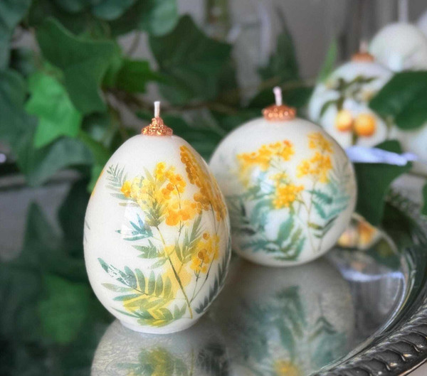 Mimosa Floral Easter Candle: Spring egg holiday Decor - Easter Decorations gift H652-1063