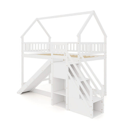 Twin Over Twin Bunk Bed with Slide and Staircase-White - Color: White D681-HU10982WH+