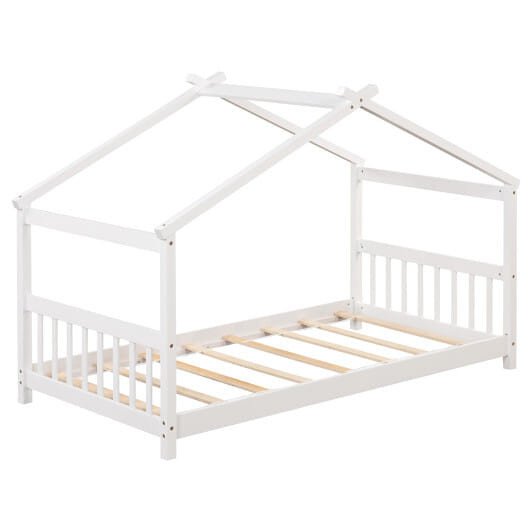 Twin Size Wooden House Bed with Roof-White - Color: White D681-HU10483WH-T
