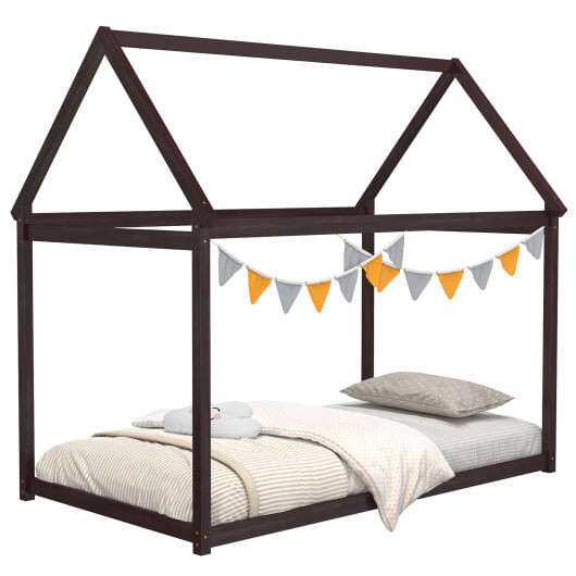 Stable Kids Platform Floor Bed with Roof and Heavy-Duty Slats-Espresso - Color: Espresso D681-HU10054CF