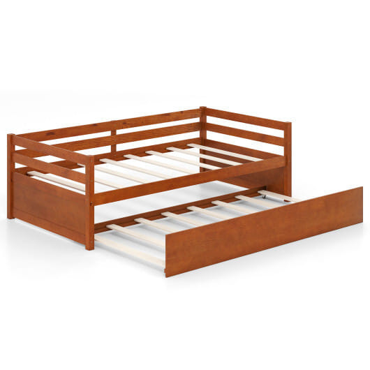 Twin Size Trundle Platform Bed Frame with  Wooden Slat Support-Walnut - Color: Walnut D681-HW64316HT