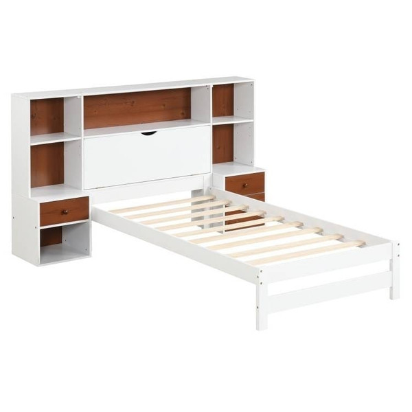 Twin Bed Frame with White Walnut Bookcase Storage Headboard and 2 Nightstands Q280-TWNDR37204