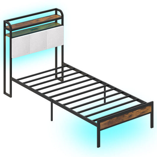 Twin/Full/Queen/King Size Bed Frame with LED Light and Charging Station-Twin Size - Color: Gray - S D681-HU10816GR-T