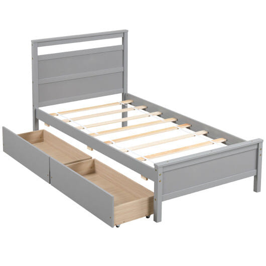 Twin Size Wooden Bed Frame with 2 Drawers for Teens and Adults-Gray - Color: Gray - Size: Twin Size D681-HU10864GY