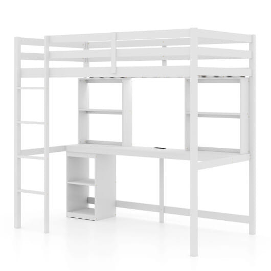 Twin Loft Bed with LED Light and Desk No Box Spring Needed-White - Color: White D681-HU11059WH+