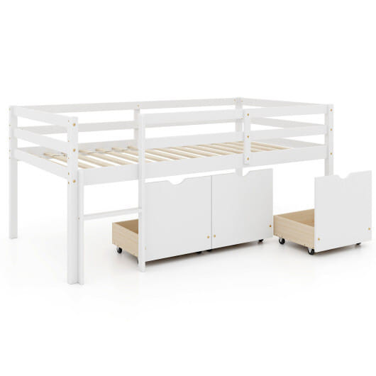 Twin Size Low Loft Bed with 3 Drawers with Ladder and Full-length Guardrails-White - Color: White D681-HU10706WH