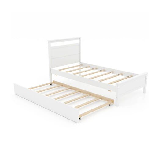 Twin Size Wooden Bed Frame with Trundle for Teens and Adults-White - Color: White - Size: Twin Size D681-HU10866WH