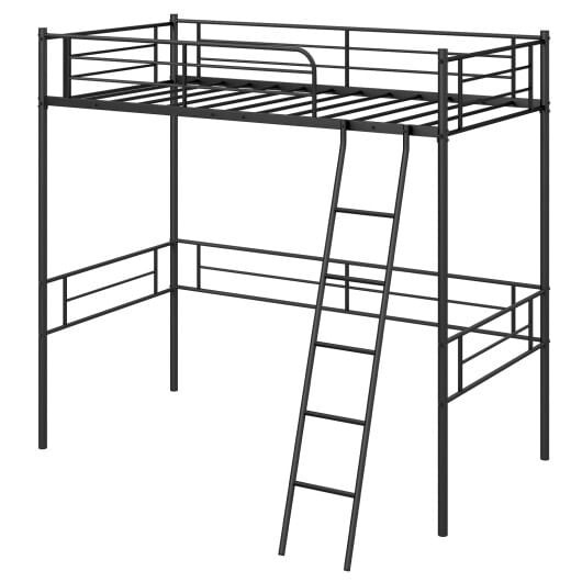 Twin Size Loft Bed Metal Bed Frame with Ladder and Guardrails-Black B593-HU10825