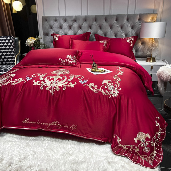 Color: Red, style: 1.8fitted sheet 200x240 - High End Luxury European Satin Wedding Four Piece Set Q119-CJCS162191424XC