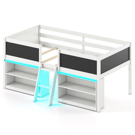 Low Loft Bed with LED Lights Kid's Cabin Bed with Bookcases-White - Color: White D681-HU11150WH