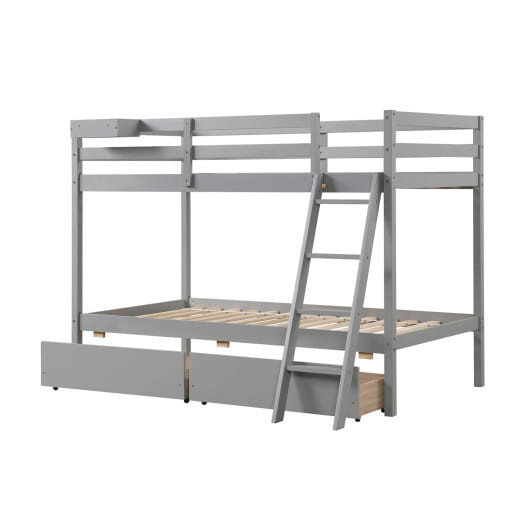 Twin Over Twin Bunk Bed Wood Bed Frame with 2 Storage Drawers and Ladder-Gray B593-HU10645+