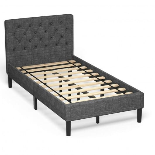 Upholstered Bed Base with Button Stitched Headboard - Color: Black - Size: Twin Size D681-HU10018