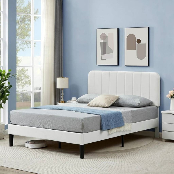 Full size White Upholstered Platform Bed Frame with Headboard Q280-FWHBFHDP14925817