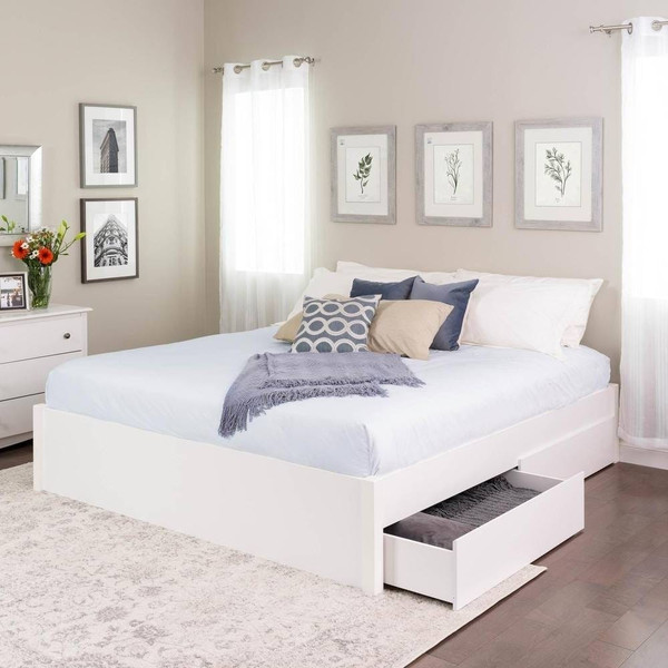 King Size 2 Drawer Storage White Wooden 4 Post Platform Bed  Frame Q280-PFTGS2267842