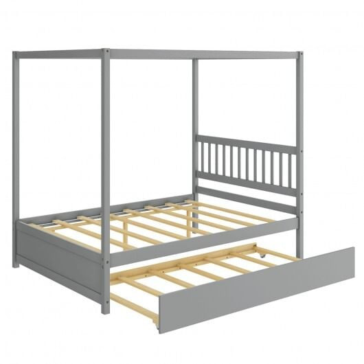 Full Size Canopy Bed with Trundle Wooden Platform Bed Frame Headboard-White B593-HU10293