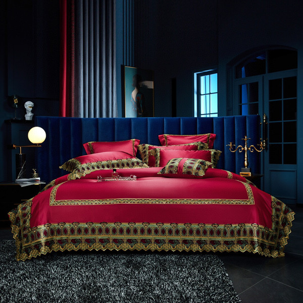 Pattern: Wine Red Bed Sheet, Size Specification: 6Pieces set 2M - Luxury High Precision Brocade Sil Q119-CJYD199984332FU