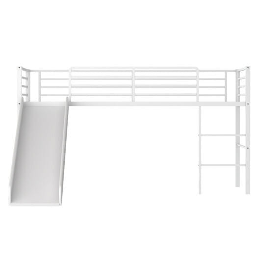 Twin Metal Loft Bed with Slide Safety Guardrails and Built-in Ladder-White - Color: White D681-HU10160WH