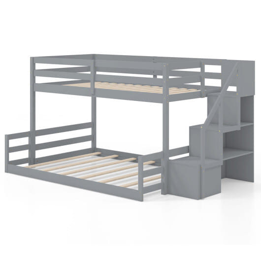 Solid Wood Twin Over Full Low Bunk Bed with Storage Stairs-Grey - Color: Gray D681-HU10919GR+