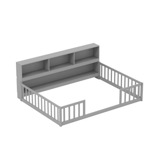 Full Size Montessori Floor Bed with Bookcase-Gray - Color: Gray - Size: Full Size D681-HU11132GY-F