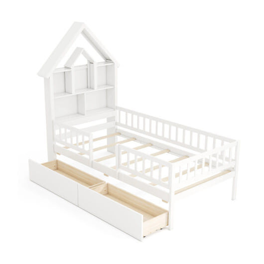 Twin Size House Bed Kids Montessori Bed with House-Shaped Storage Headboard-White B593-HU11035+