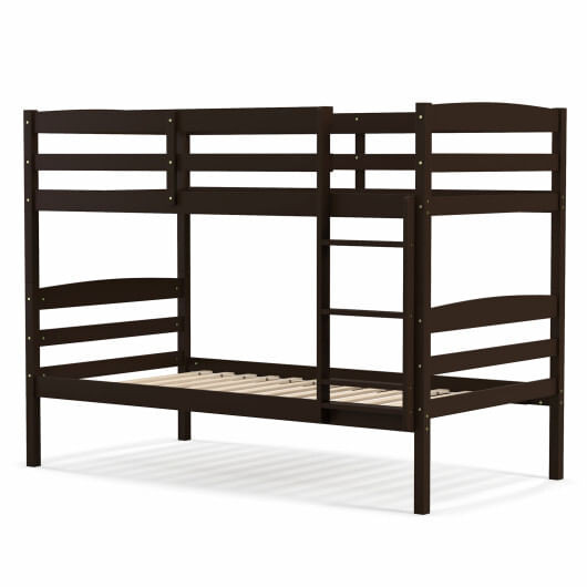 Solid Wood Twin Over Twin Bunk Bed Frame with High Guardrails and Integrated Ladder-Espresso B593-HU10487-T
