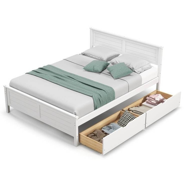 Full Size White Platform Bed Frame with 2 Storage Drawers Q280-FULWY58492