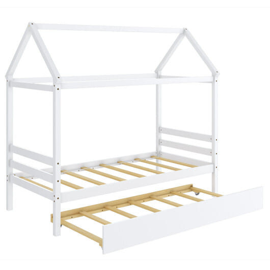 Kids Platform Bed Frame with Roof for Bedroom-White - Color: White D681-HU10292WH