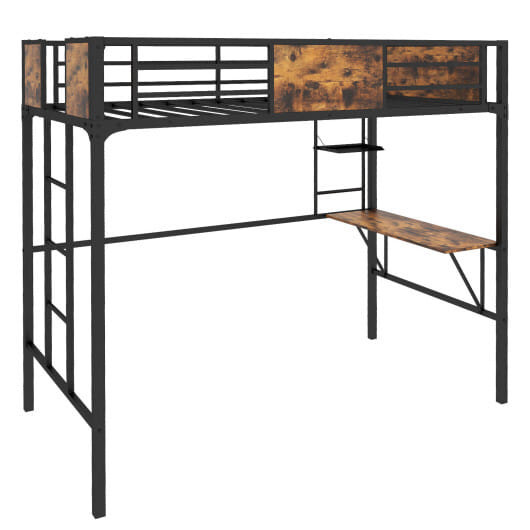 Twin Size Industrial Metal Loft Bed with Desk Storage Shelf and Build-in Ladder-Twin Size B593-HU10522CF