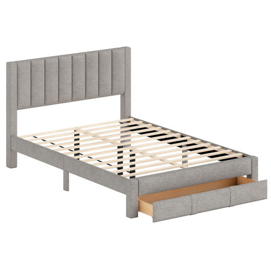 Queen Size Bed Frame with Storage Drawer and Vertical Channel Headboard-Gray - Color: Gray - Size:  D681-HU11285LR-Q