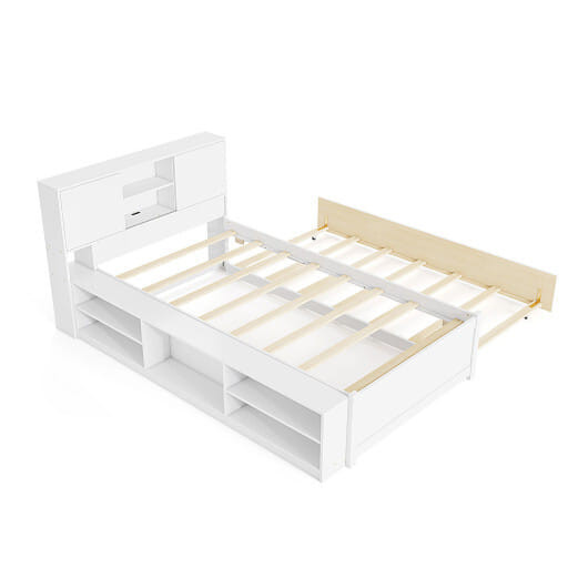Twin Size Bed Frame with Trundle and Power Outlets-White - Color: White D681-HU11060WH+