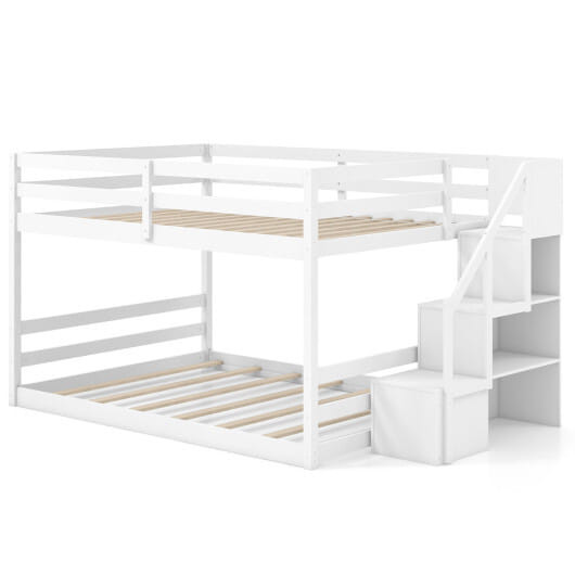 Solid Wood Full Over Full Low Bunk Bed with Storage Stairs-White - Color: White D681-HU10920WH+