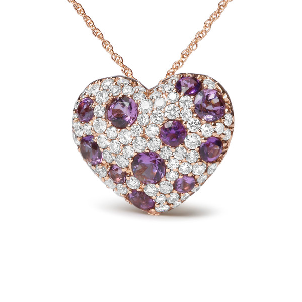 18K Rose Gold 3/4 Cttw Diamond and Purple Amethyst Cluster Heart Shape 18" Pendant Necklace (G-H Co N162-020453NN50