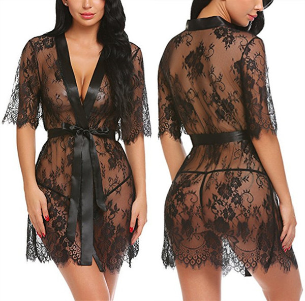 Color: black, Size: XL - Lace deep V-neck home pajamas Q119-CJNSSYLY02482-black-XL