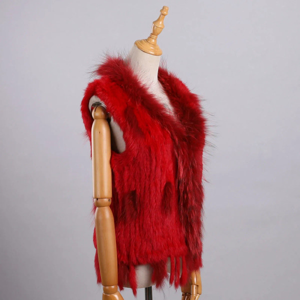 Color: Red, Size: XXL - Luxury Women's Genuine Premium Long Hair Rabbit Fur Knit Vest Raccoon Fur T F640-12000038456018683