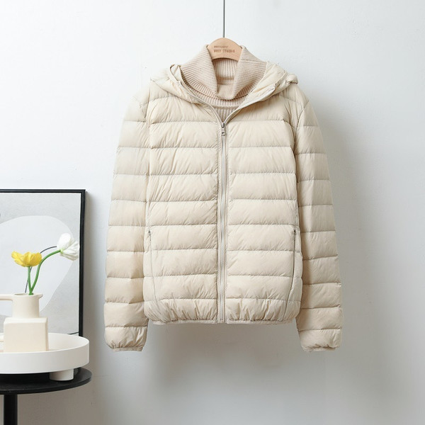 Color: Beige Hooded, Size: 4XL - Lightweight Down Jacket Women's Short Stand Collar Hooded Q119-CJYD227089442PK