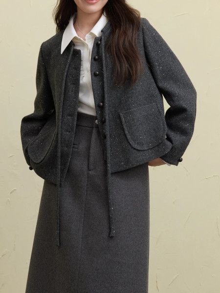 Color: GRAY, Size: XL - DUSHU 27.7% Wool Women Grey Short Jackets Sequins Design Female Round Neck  F640-12000044445987121