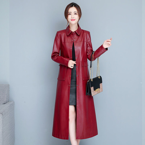 Color: Red wine routine, Size: L - Ladies Fashion Thin Leather Trench Coat Coat Q119-CJZP160345311KP
