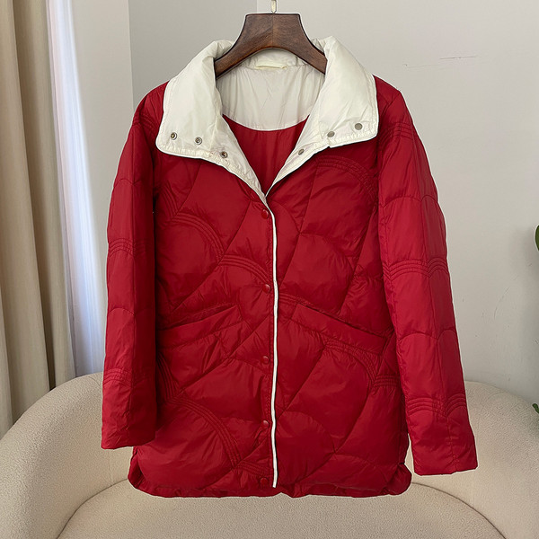 Color: Red, Size: XL - Women's Mid-length White Duck Down Retro Loose Xiangyun Stand Collar Coat Q119-CJYD256493728BY