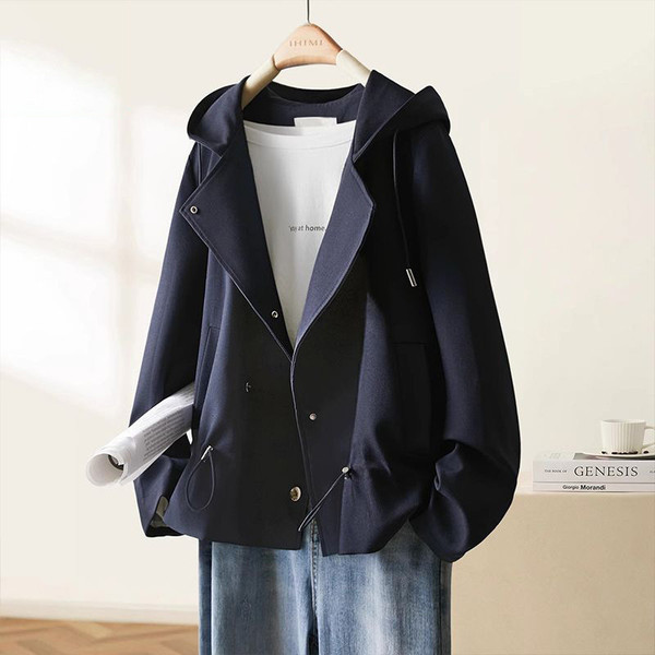 Color: Purplish Blue, Size: 2XL - Hooded Short New Loose Design Niche Coat Q119-CJYD246193809IR