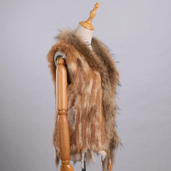 Color: Blue, Size: XXL - Luxury Women's Genuine Premium Long Hair Rabbit Fur Knit Vest Raccoon Fur  F640-12000038456018688