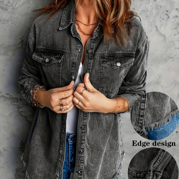 Color: Black, Size: XL - European And American Style Women Retro Washed Denim Jacket Casual With Hem Q119-CJYD244443417QJ