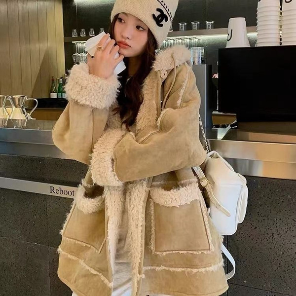 Hooded Suede Fur Lamb Warm Leisure Slimming Coat Q119-CJYD2010820