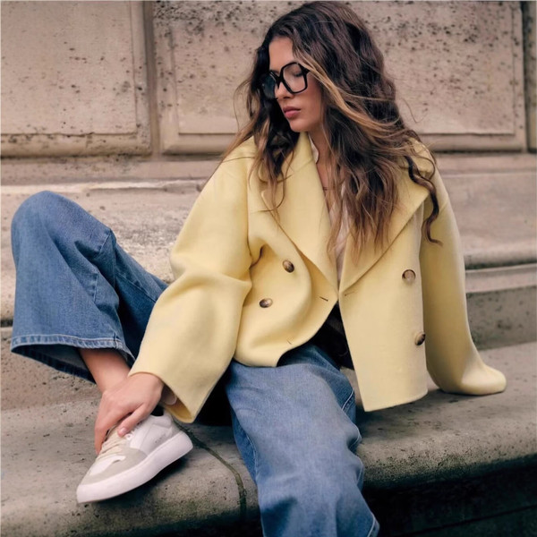 Lapel Long Sleeve Double Breasted Short Woolen Coat Q119-CJYD2536323