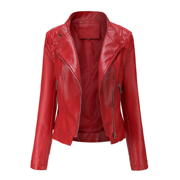 Color: Red, Size: L - PU Lapel Women Slim-fit Leather Coat Women Q119-CJYD210764842PK